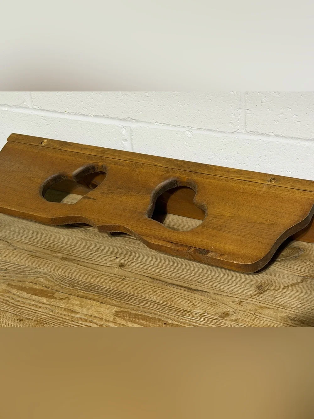 Classic Wooden Double Heart Cutout Wall Shelf in Warm Brown